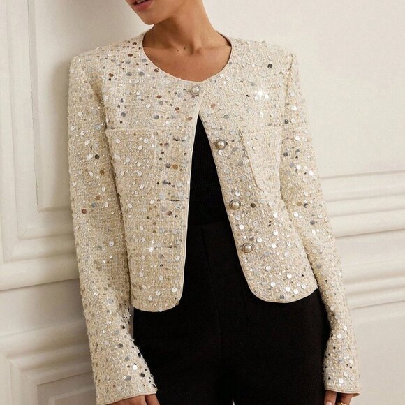 beige Women's Elegant Sequin Embellished Tweed Short Blazer Jacket - Picture 4 of 8
